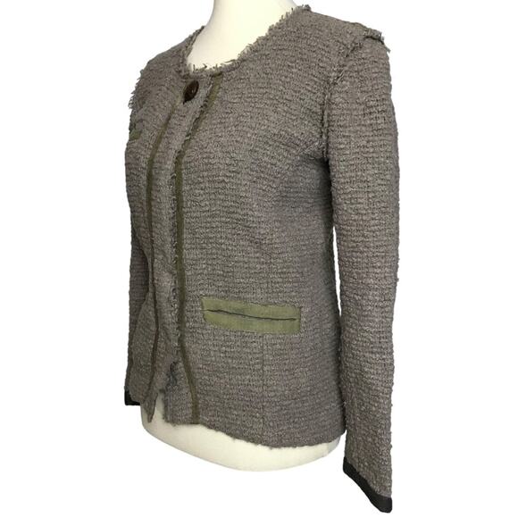 Isabel Marant Taupe Boucle Tweed Woven Snap Button Leather Trim Coat Jacket 0 - Picture 12 of 16
